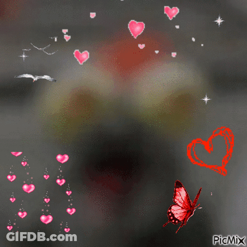 A Picture Of A Butterfly Surrounded By Pink Hearts And A Heart That Says Picmix On It GIF