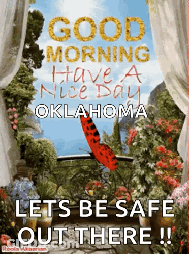 A Picture Of A Butterfly With The Words Good Morning Have A Nice Day Oklahoma Let 'S Be Safe Out There GIF