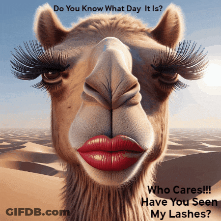 A Picture Of A Camel With Red Lips And Lashes With The Caption " Do You Know What Day It Is " GIF