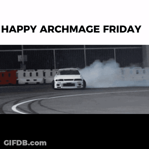 A Picture Of A Car Drifting With The Words Happy Archmage Friday GIF