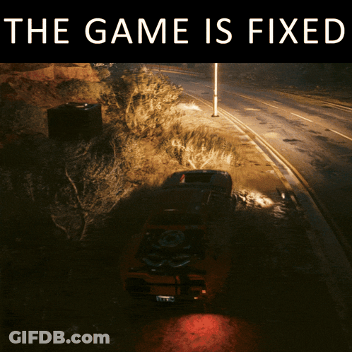 A Picture Of A Car On The Side Of A Road With The Words The Game Is Fixed Above It GIF