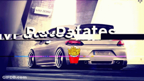 A Picture Of A Car With A Bucket Of French Fries On The Back Of It GIF