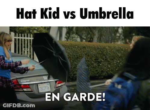 A Picture Of A Car With The Words Hat Kid Vs Umbrella En Garde On It GIF