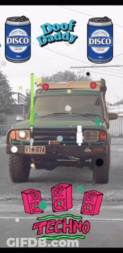 A Picture Of A Car With Two Cans Of Disco Beer GIF