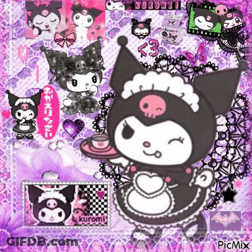 A Picture Of A Cartoon Character Called Kuromi Holding A Cup Of Coffee GIF