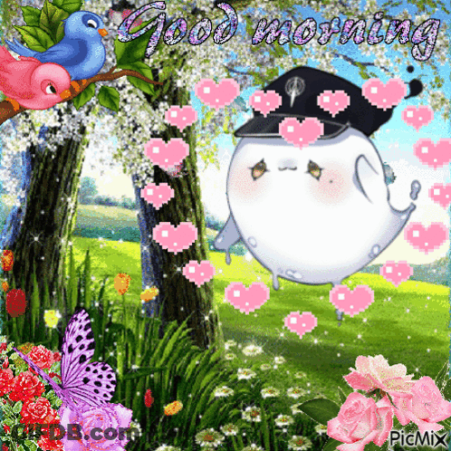 A Picture Of A Cartoon Character Saying Good Morning With Hearts And Butterflies GIF
