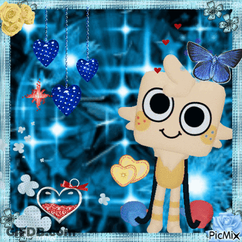 A Picture Of A Cartoon Character Surrounded By Hearts And Butterflies With The Watermark Picmix GIF