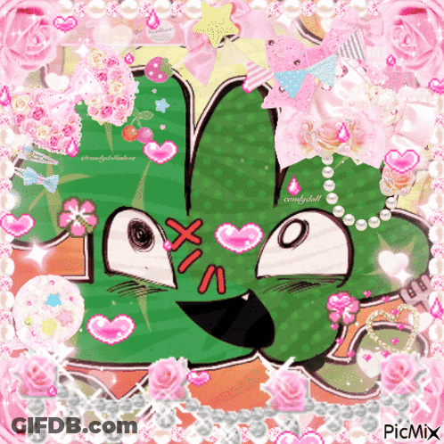 A Picture Of A Cartoon Character Surrounded By Pink Flowers And Pearls With The Hashtag Picmix At The Bottom GIF
