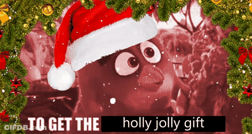 A Picture Of A Cartoon Character Wearing A Santa Hat With The Words To Get The Holly Jolly Gift Below It GIF