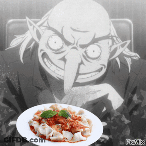A Picture Of A Cartoon Character With A Plate Of Food In Front Of It That Says Picmix On It GIF