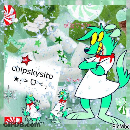A Picture Of A Cartoon Character With A Sign That Says Chipskysito On It GIF