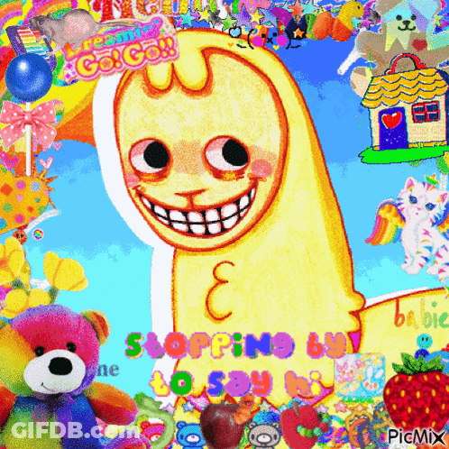 A Picture Of A Cartoon Character With A Smiley Face And The Words Stop Being Ugly To Say Hi GIF