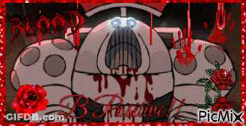 A Picture Of A Cartoon Character With Blood Coming Out Of His Mouth And The Words Blood B Rossel On The Bottom GIF