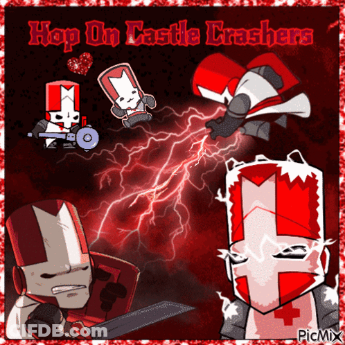 A Picture Of A Cartoon Character With Lightning And The Words Hop On Castle Crashers GIF