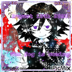 A Picture Of A Cartoon Character With Purple Eyes And The Words " Fog Is Coming " GIF
