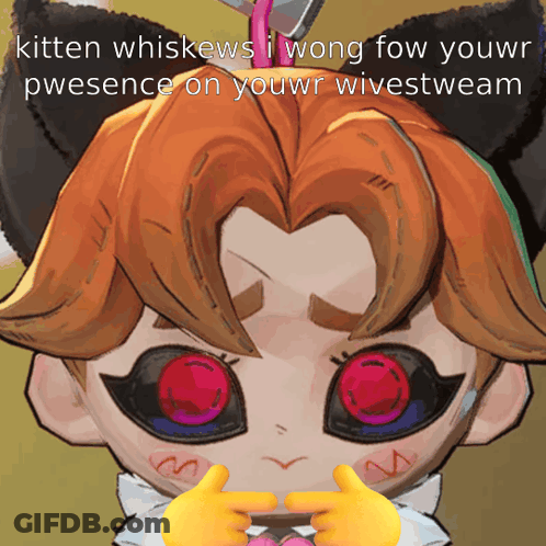 A Picture Of A Cartoon Character With Red Eyes And The Words Kitten Whiskews I Wong GIF