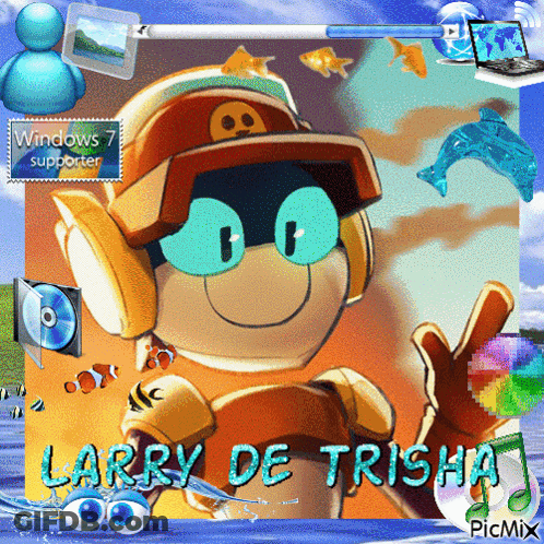 A Picture Of A Cartoon Character With The Name Larry De Trisha On It GIF