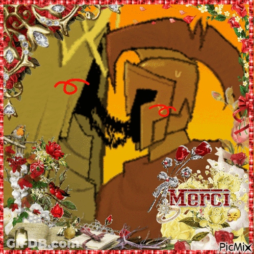 A Picture Of A Cartoon Character With The Word Merci In The Corner GIF
