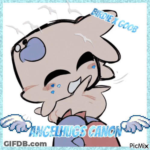 A Picture Of A Cartoon Character With The Words " Angelhugs Canon " On It GIF