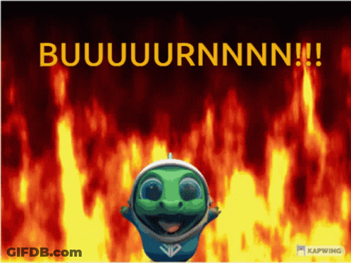 A Picture Of A Cartoon Character With The Words Buuuuurnnn !!! Above Him GIF