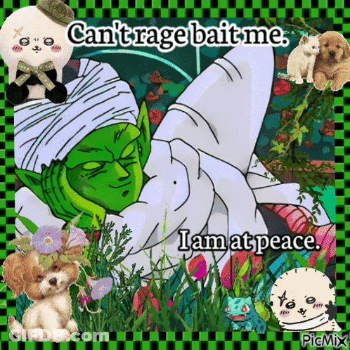 A Picture Of A Cartoon Character With The Words " Can 'T Rage Bait Me I Am At Peace " GIF