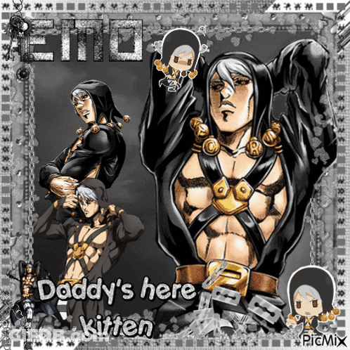A Picture Of A Cartoon Character With The Words Daddy 'S Here Kitten On It GIF