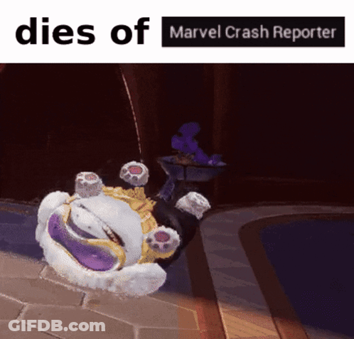 A Picture Of A Cartoon Character With The Words Dies Of Marvel Crash Reporter GIF