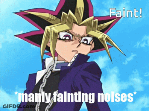 A Picture Of A Cartoon Character With The Words Faint Manly Fainting Noises On The Bottom GIF