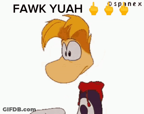 A Picture Of A Cartoon Character With The Words Fawk Yuah Above Him GIF
