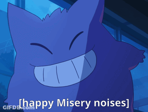 A Picture Of A Cartoon Character With The Words Happy Misery Noises GIF