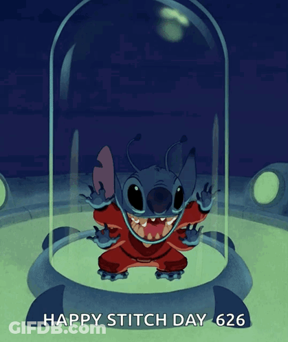 A Picture Of A Cartoon Character With The Words Happy Stitch Day 626 GIF