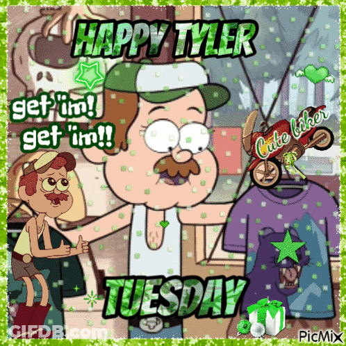 A Picture Of A Cartoon Character With The Words Happy Tyler Tuesday On It GIF