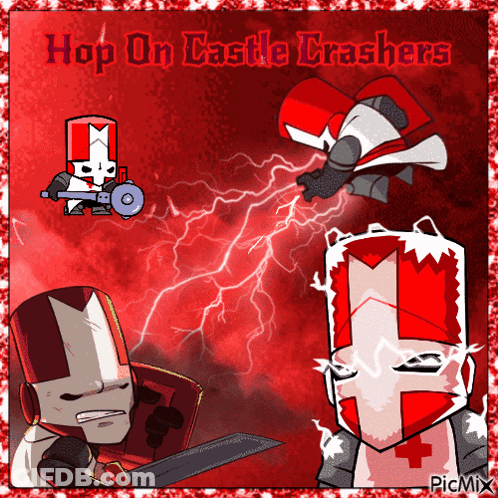 A Picture Of A Cartoon Character With The Words Hop On Castle Crashers On It GIF