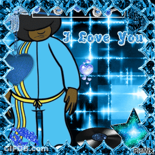 A Picture Of A Cartoon Character With The Words I Love You Above Him GIF