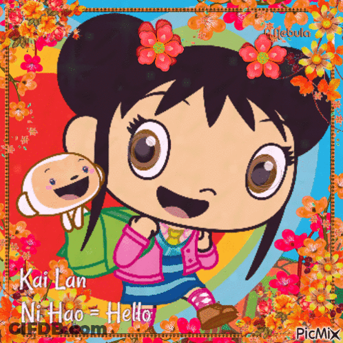 A Picture Of A Cartoon Character With The Words Kai Lan Ni Hao Hello GIF