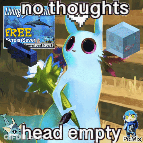 A Picture Of A Cartoon Character With The Words Living No Thoughts Head Empty On It GIF