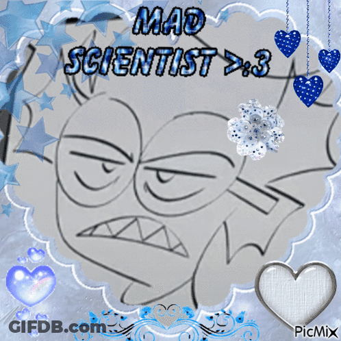 A Picture Of A Cartoon Character With The Words Mad Scientist Written On It GIF