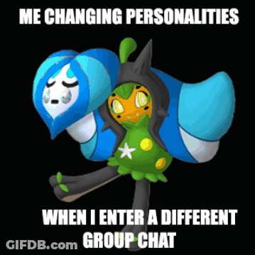 A Picture Of A Cartoon Character With The Words Me Changing Personalities When I Enter A Different Group Chat GIF