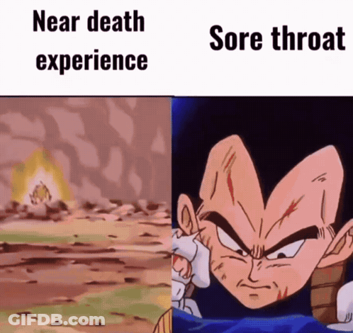 A Picture Of A Cartoon Character With The Words Near Death Experience And Sore Throat On The Bottom GIF