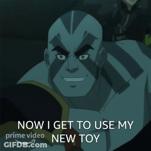 A Picture Of A Cartoon Character With The Words Now I Get To Use My New Toy GIF