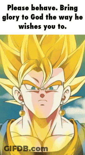A Picture Of A Cartoon Character With The Words " Please Behave Bring Glory To God The Way He Wishes You To " On The Bot GIF