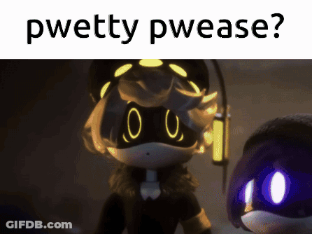 A Picture Of A Cartoon Character With The Words Pwetty Pwease Written Above It GIF