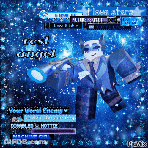 A Picture Of A Cartoon Character With The Words Rest Angel On It GIF
