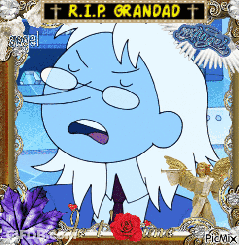 A Picture Of A Cartoon Character With The Words " Rip Grandad " Above It GIF