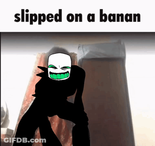 A Picture Of A Cartoon Character With The Words " Slipped On A Banana " Below It GIF