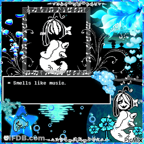 A Picture Of A Cartoon Character With The Words Smells Like Music On It GIF