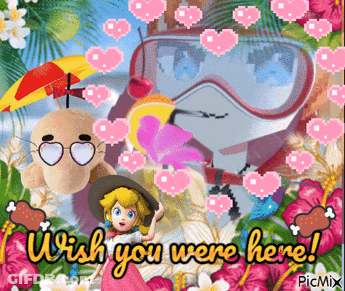 A Picture Of A Cartoon Character With The Words Wish You Were Here Written On It GIF