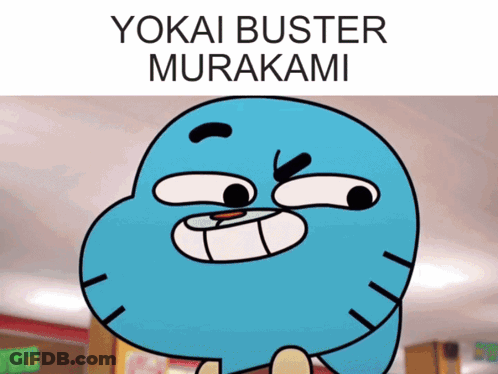 A Picture Of A Cartoon Character With The Words " Yokai Buster Murakami " On The Bottom GIF