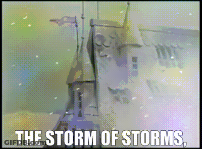 A Picture Of A Castle In The Snow With The Words The Storm Of Storms GIF