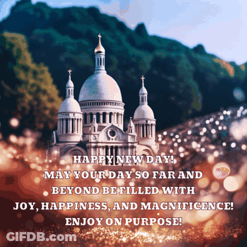 A Picture Of A Castle With A Message That Says Happy New Day GIF
